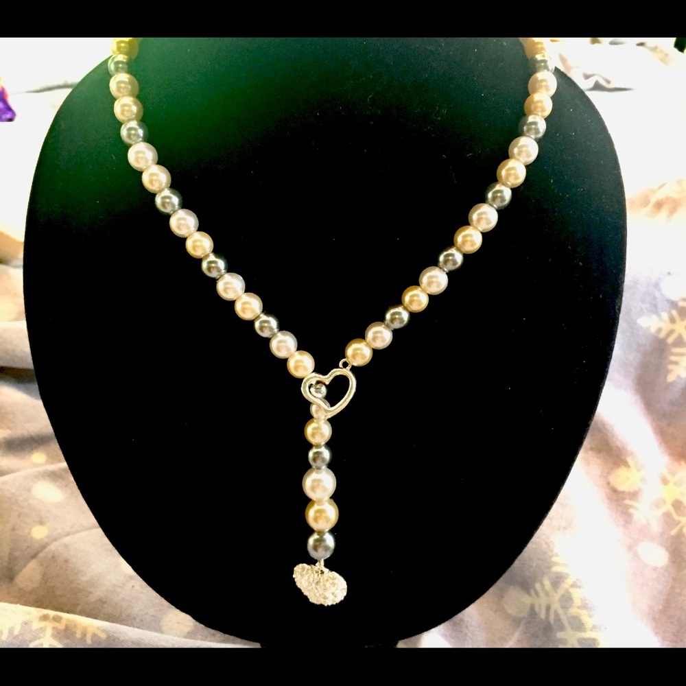 SMOKEY GREY & FAUX PEARL HEART DROP RHINESTONE